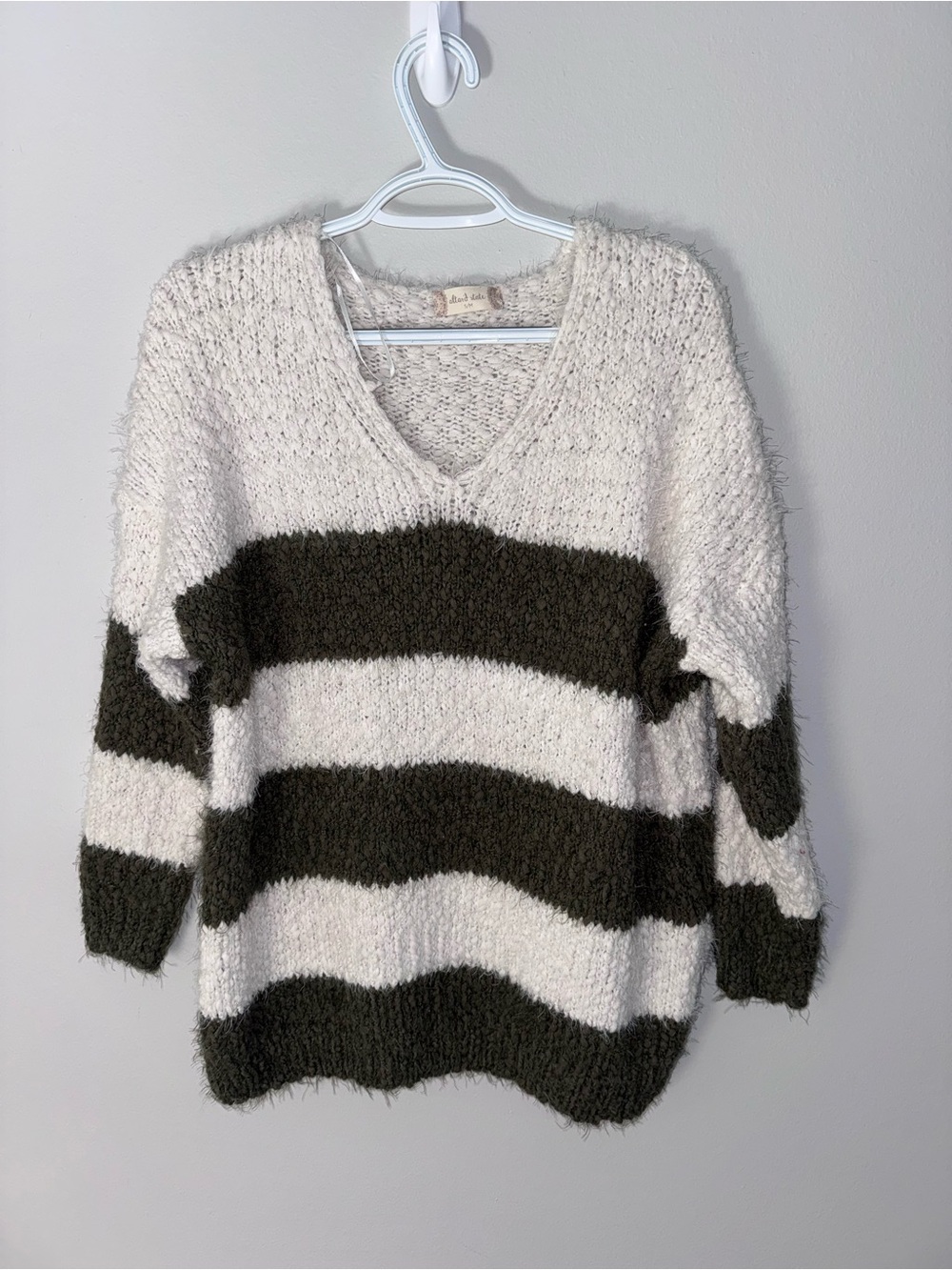 Altar'd State Cream and Olive Striped V-Neck Fuzzy Sweater